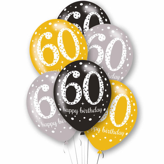 9912761 IP X10 - Age 60 Black, Silver & Gold Mix Latex Balloons 11"/27.5cm - 10 PKG/6