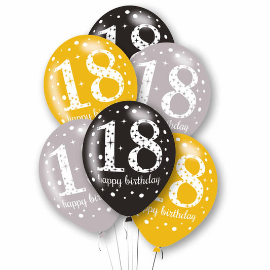 9912746 IP X10 - Age 18 Black, Silver & Gold Mix Latex Balloons 11"/27.5cm - 10 PKG/6