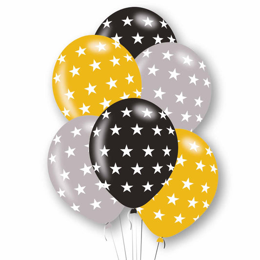 Stars Black, Silver & Gold Mix Latex Balloons 11"/27.5cm - 10 PKG/6