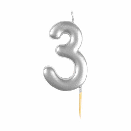 9911817 IP X12 - #3 Metallic Silver Finish Numerical Candles 6cm - 12 PC