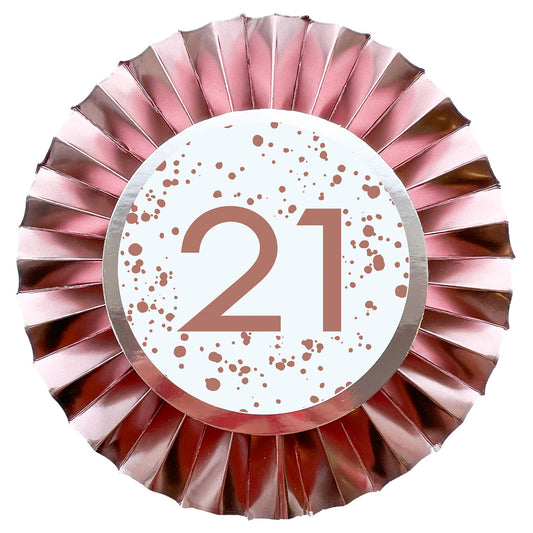 9913908 IP X6 - 21st Birthday Rose Gold Rosettes 7.5cm w x 14.6cm h - 12 PC