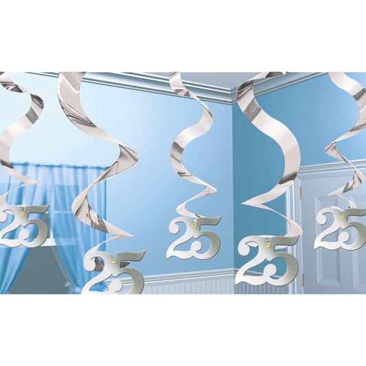 679090 IP X6 - Silver Anniversary Wishes Streaming Swirls Decorations - 6 PKG/5