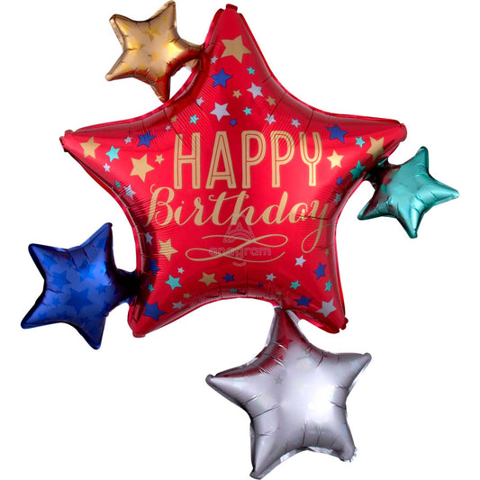 3905701 IP X5 - Happy Birthday To You Satin Star Cluster SuperShape XL Foil Balloons 32"/81cm w x 35"/88cm h P40 - 5 PC