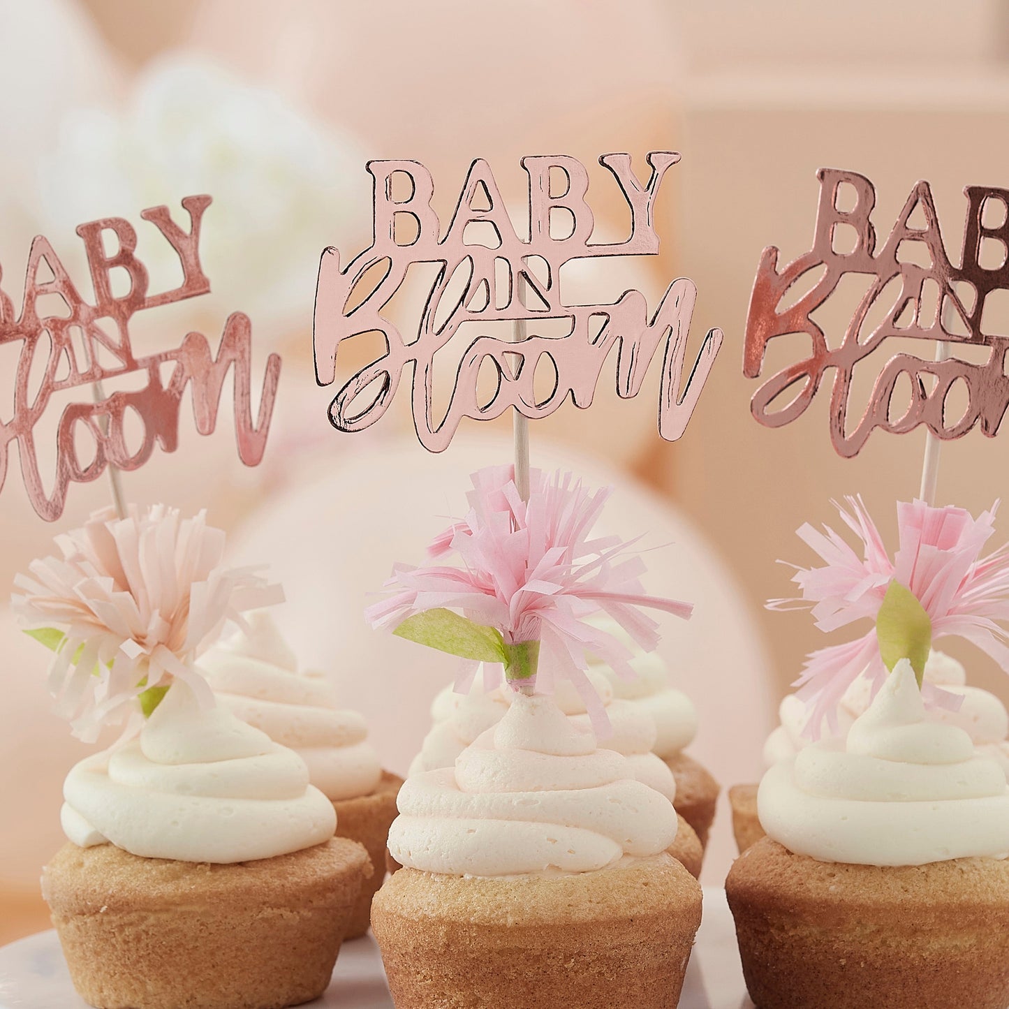 Rose Gold Floral Baby Shower Cupcake Toppers- 5 Inner Pack