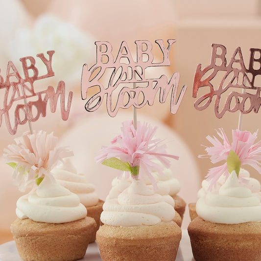 Rose Gold Floral Baby Shower Cupcake Toppers- 5 Inner Pack