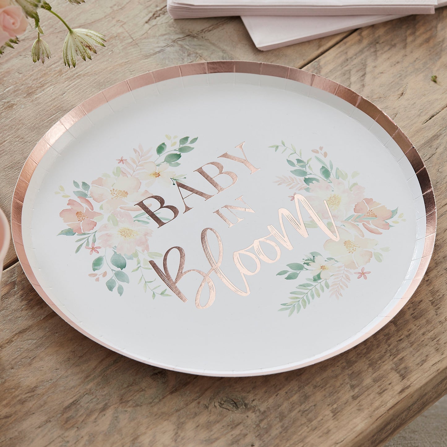 Rose Gold Baby In Bloom Baby Shower Plates- 5 Inner Pack