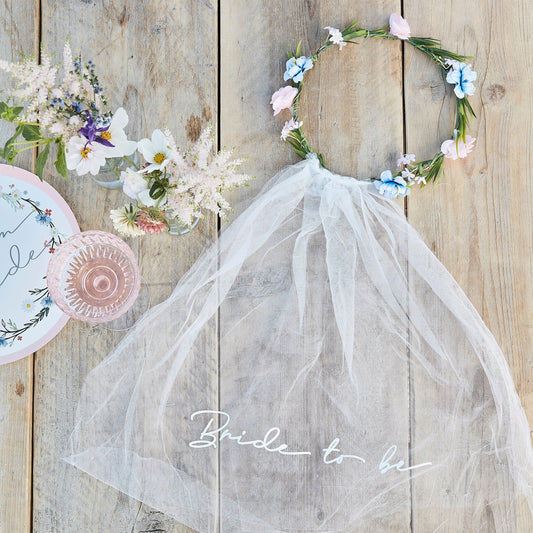 Bride To Be Hen Party Veil with Floral Crown- 5 Inner Pack