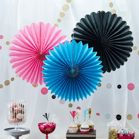 Pink, Black & Blue Wall Fan Decorations - Confetti Party- 10 Inner Pack