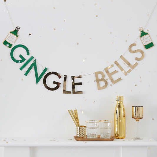 Glitter Gingle Bells Christmas Gin Party Bunting - Gold Glitter- 5 Inner Pack