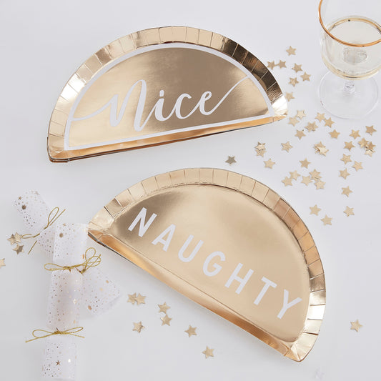 Gold Naughty or Nice Christmas Paper Plates - Gold Glitter- 5 Inner Pack