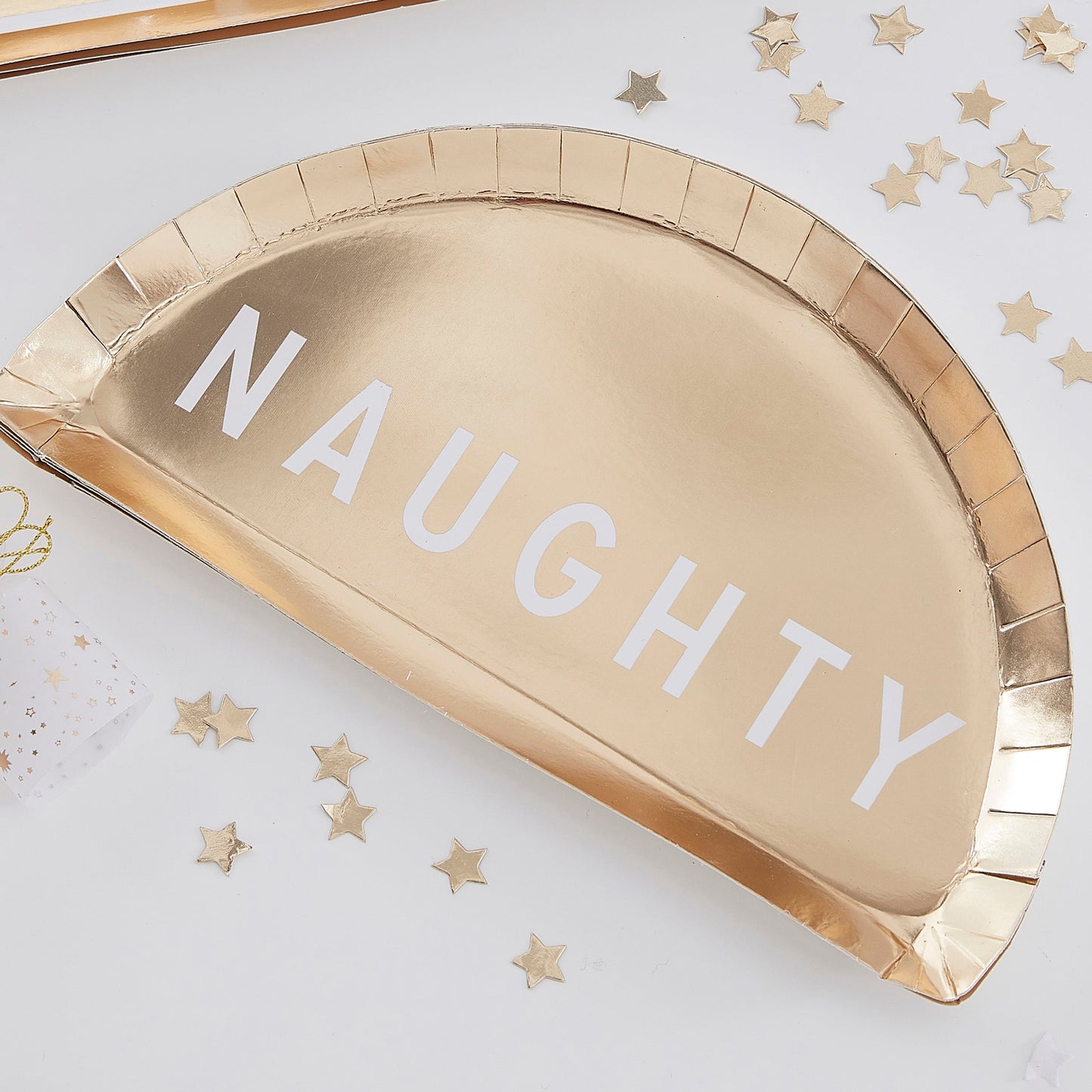 Gold Naughty or Nice Christmas Paper Plates - Gold Glitter- 5 Inner Pack