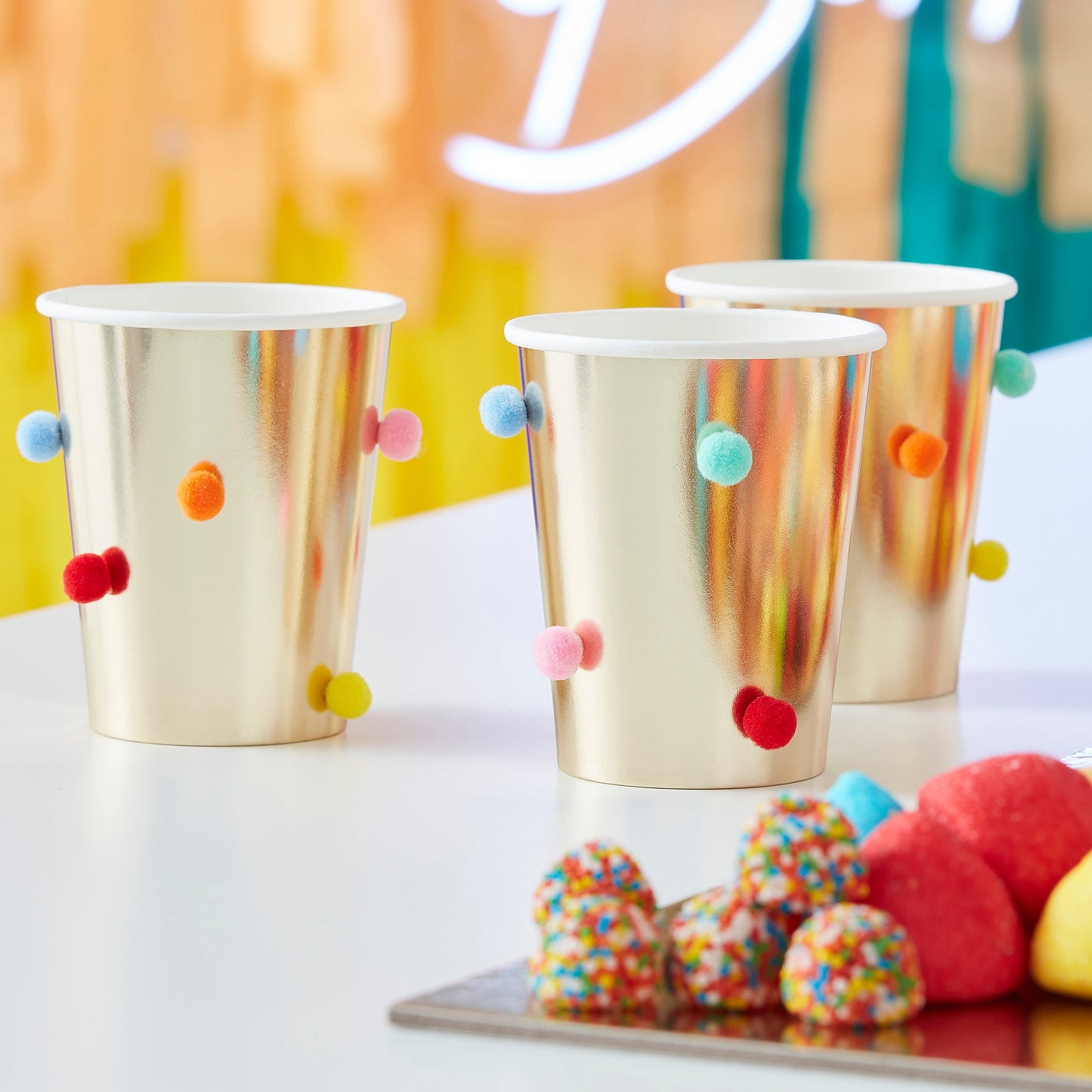 Rainbow Pom Pom Gold Paper Party Cups- 5 Inner Pack