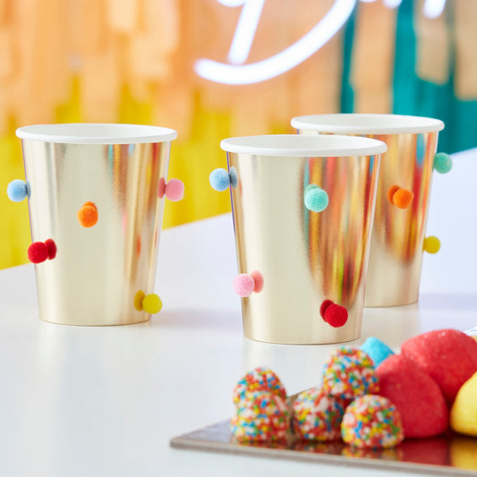 Rainbow Pom Pom Gold Paper Party Cups- 5 Inner Pack