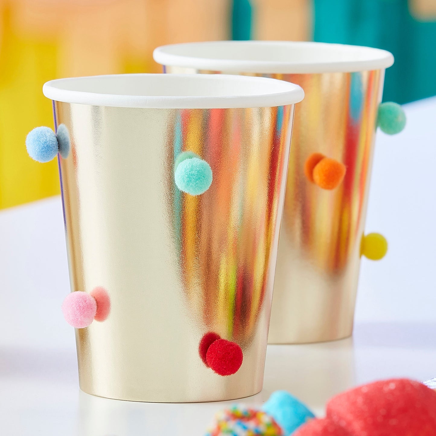 Rainbow Pom Pom Gold Paper Party Cups- 5 Inner Pack