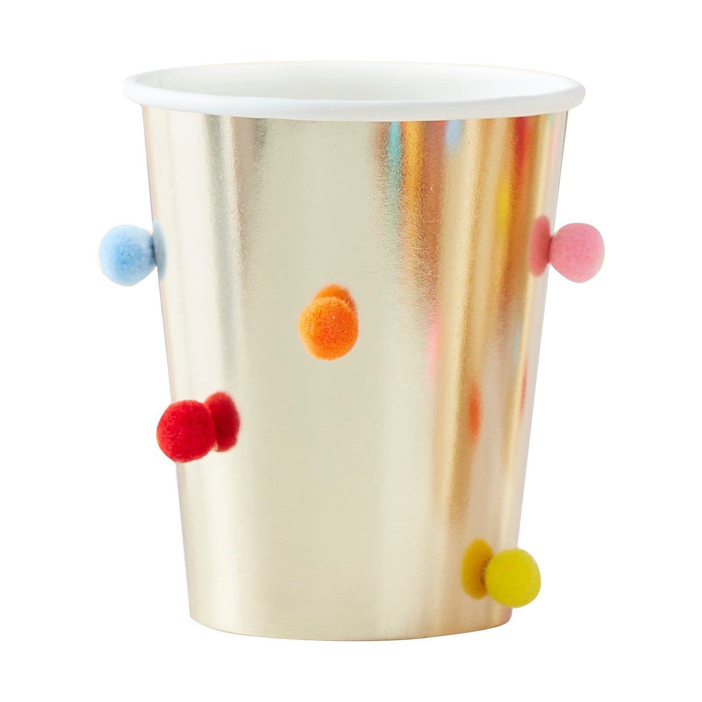 Rainbow Pom Pom Gold Paper Party Cups- 5 Inner Pack