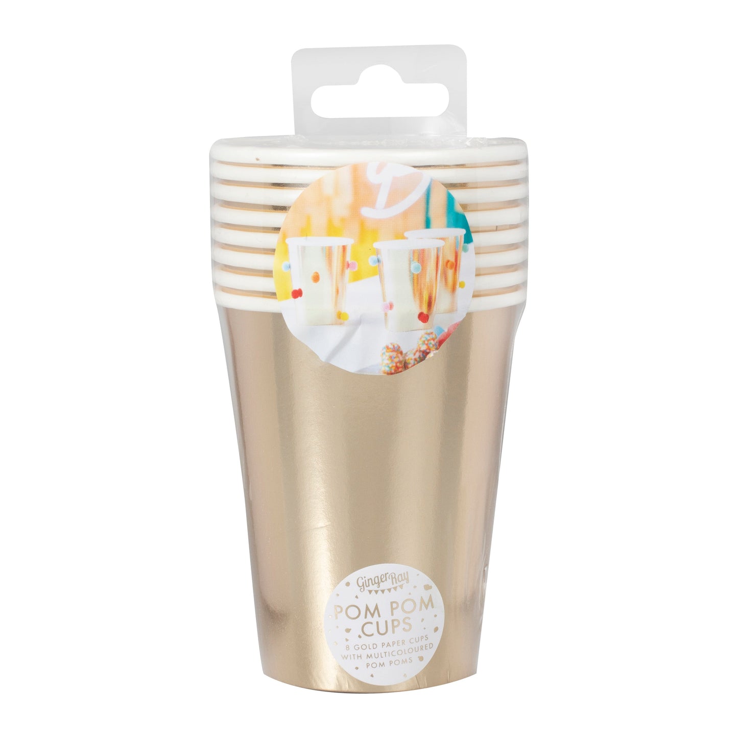 Rainbow Pom Pom Gold Paper Party Cups- 5 Inner Pack