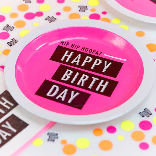 Happy Birthday Pink Paper Plates - Neon Birthday- 10 Inner Pack