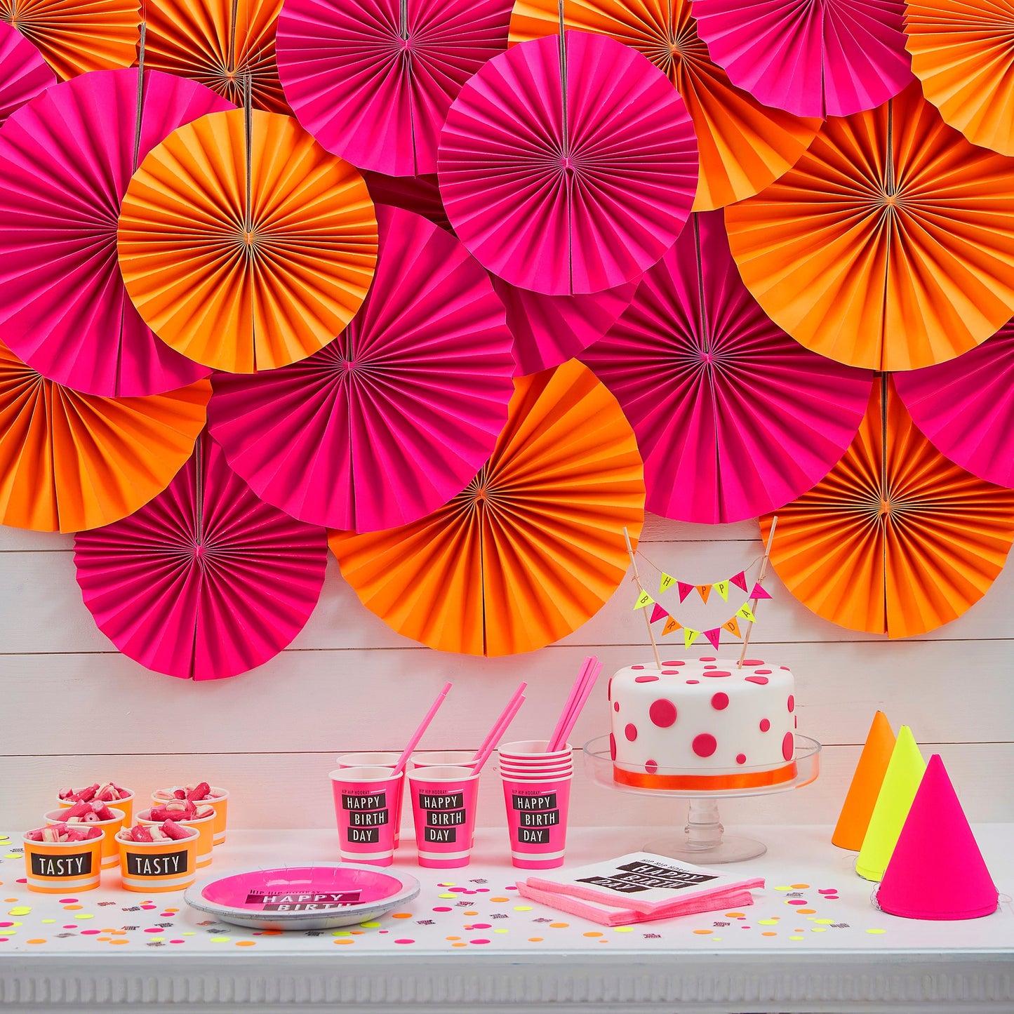 Happy Birthday Pink Paper Plates - Neon Birthday- 10 Inner Pack