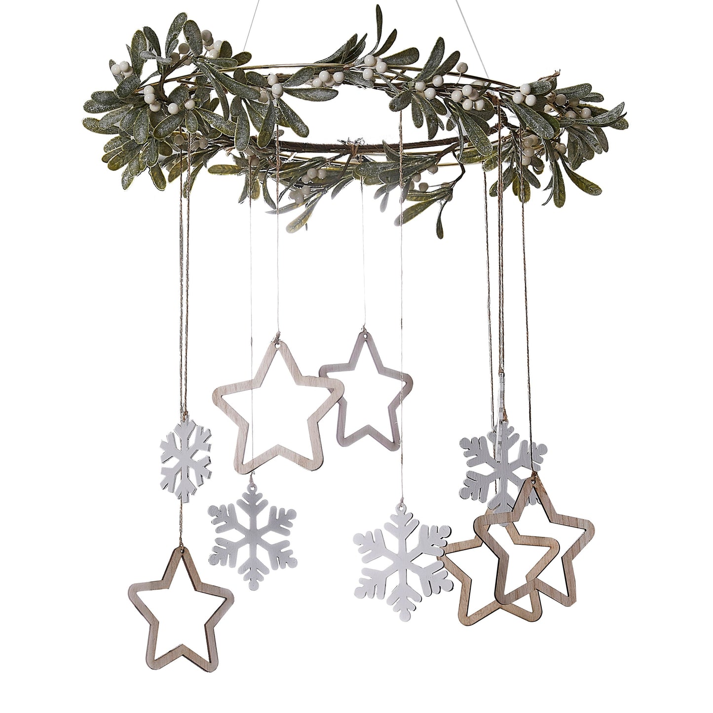 Gold Hanging Hoop Decoration with Mistletoe and Wooden Hanging Snowflakes and Stars- 5 Inner Pack