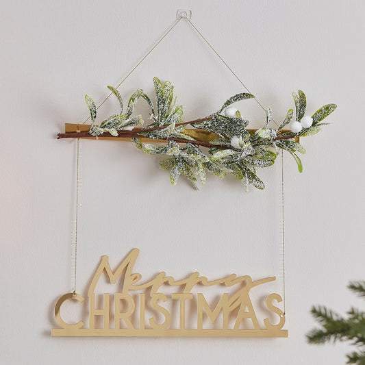 Gold Acrylic Merry Christmas Hanging Decoration with Mistletoe- 5 Inner Pack