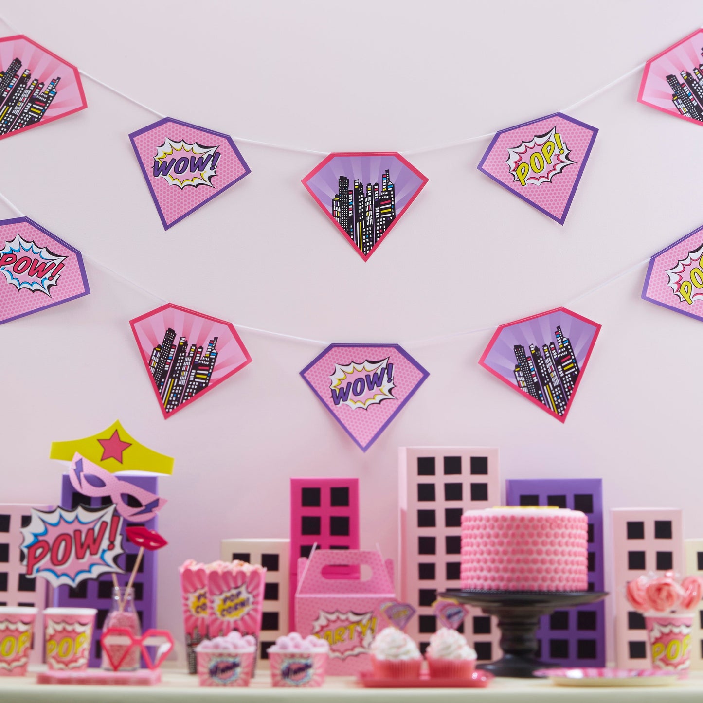 Pink Paper Bunting - Pop Art Superhero Party- 5 Inner Pack