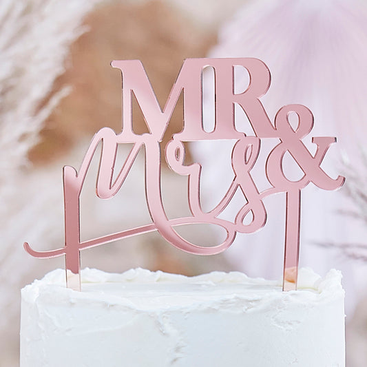 Mr and Mrs Rose Gold Acrylic Wedding Cake Topper- 5 Inner Pack