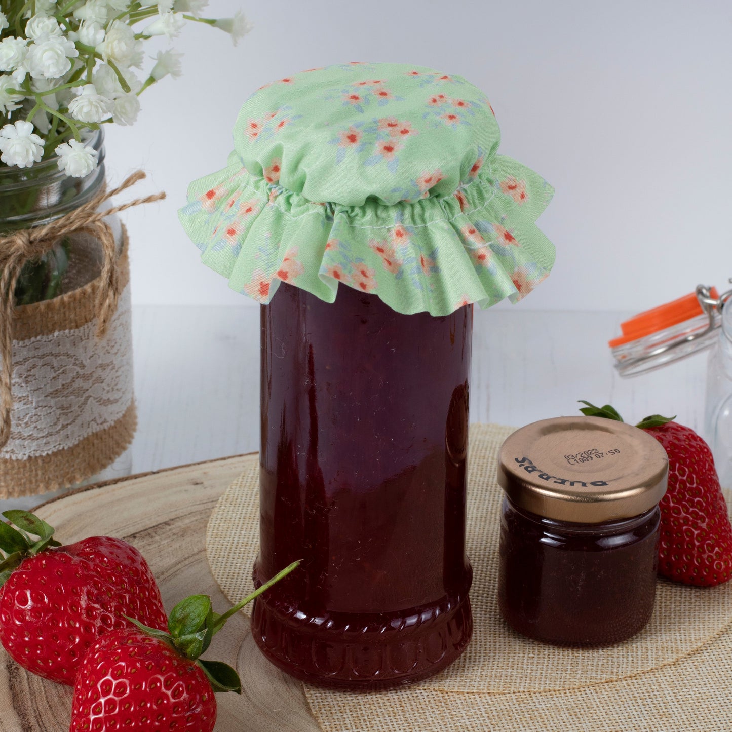 Green Floral Jam Jar Fabric Topper - Large- 40 Inner Pack