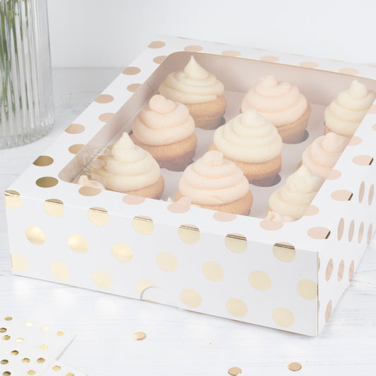 White and Gold Polka Dot 12 Hole Cupcake Box- 10 Inner Pack