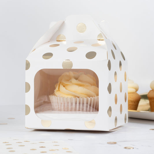 White and Gold Polka Dot Single Cupcake Box- 10 Inner Pack