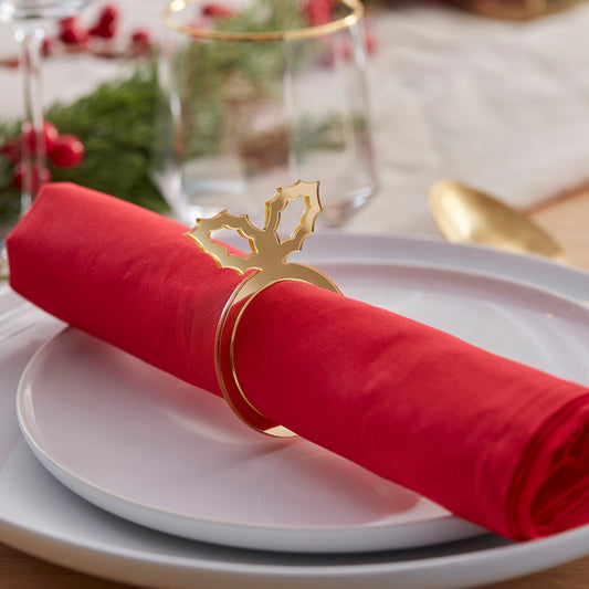Gold Acrylic Holly Napkin Rings- 5 Inner Pack
