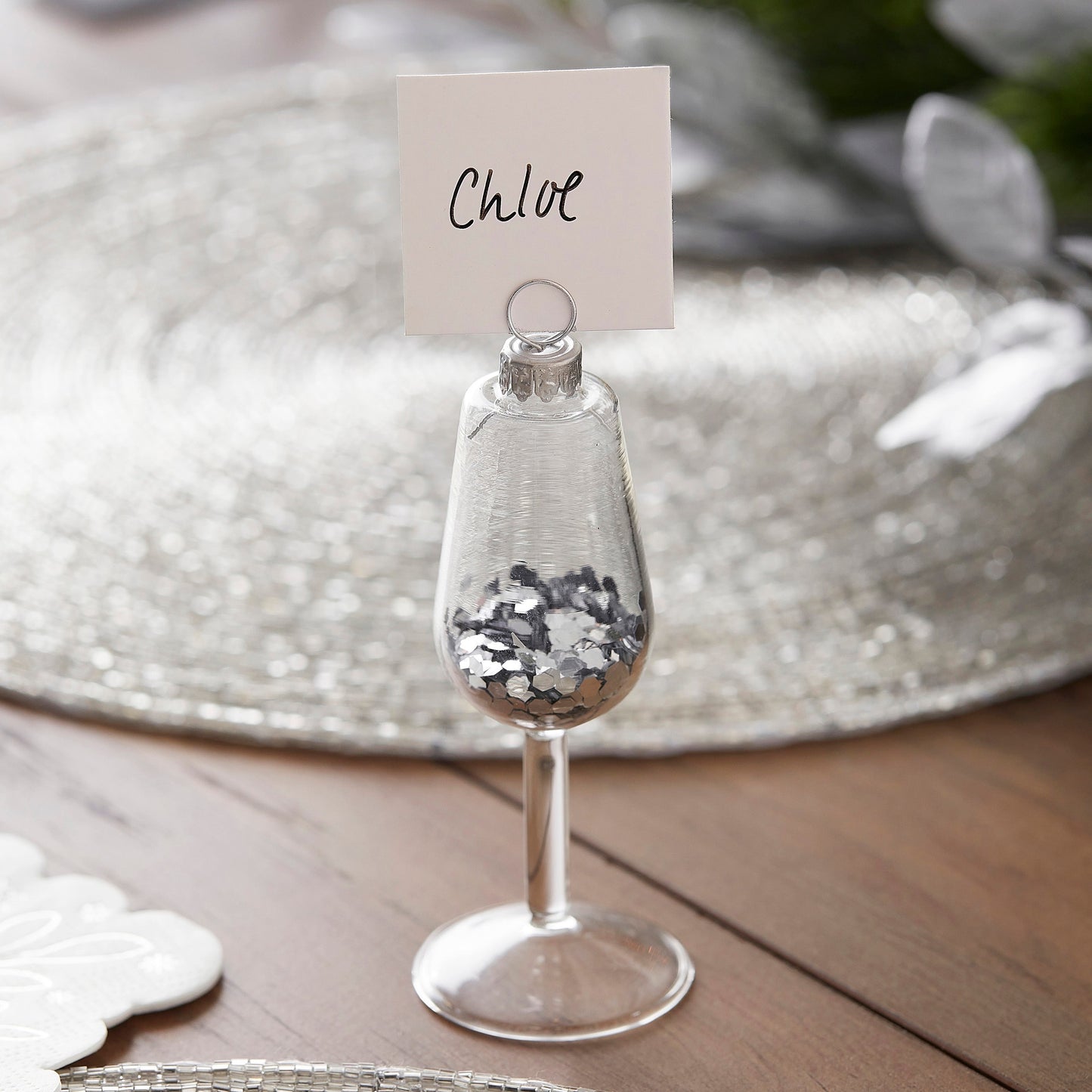 Silver Glitter Filled Wine Glass Christmas Place Card Holders- 5 Inner Pack