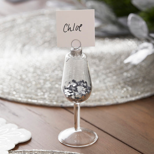 Silver Glitter Filled Wine Glass Christmas Place Card Holders- 5 Inner Pack