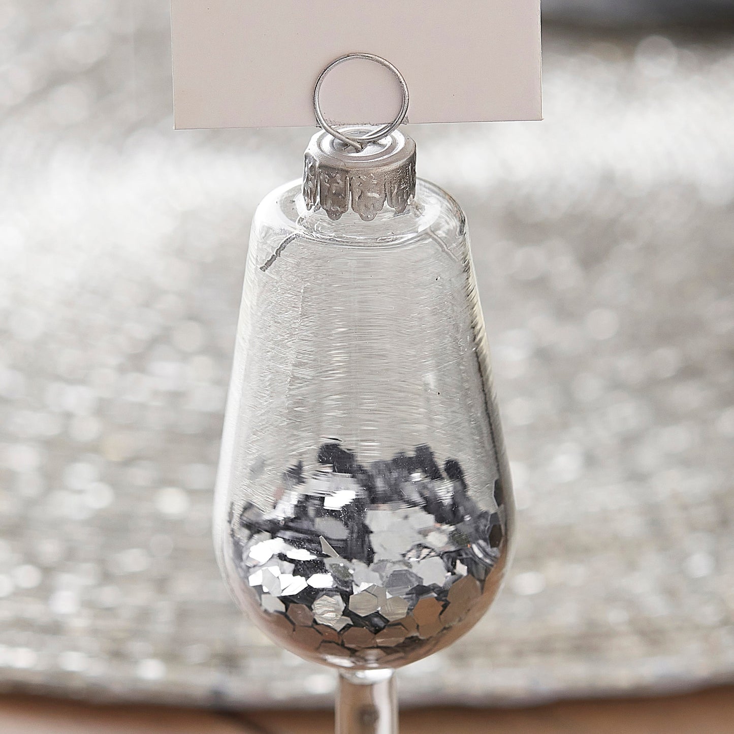 Silver Glitter Filled Wine Glass Christmas Place Card Holders- 5 Inner Pack