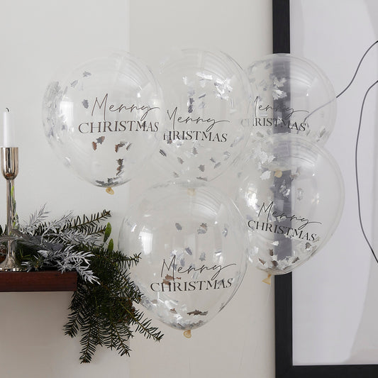 Silver Merry Christmas Confetti Balloons- 5 Inner Pack
