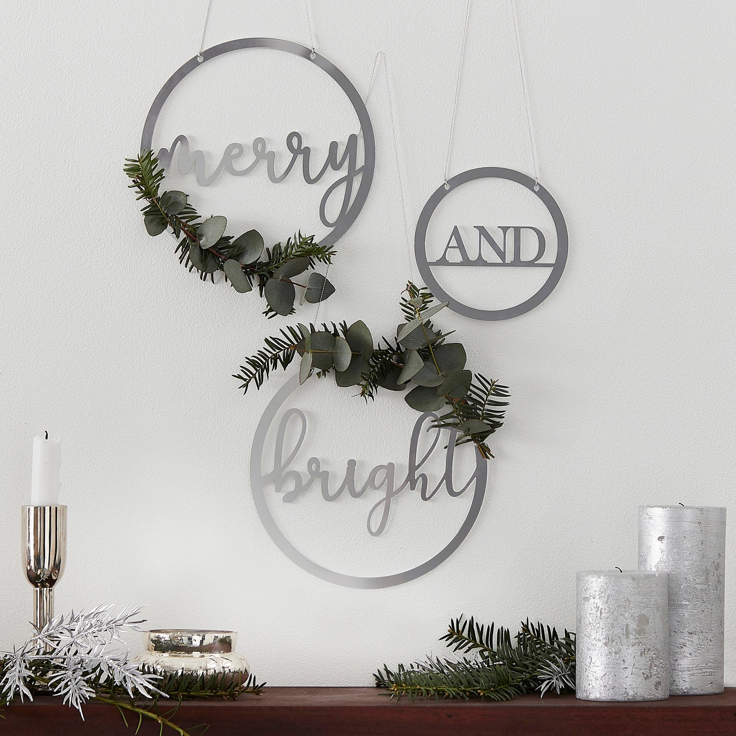 Silver Acrylic Merry and Bright Hanging Christmas Decorations- 5 Inner Pack