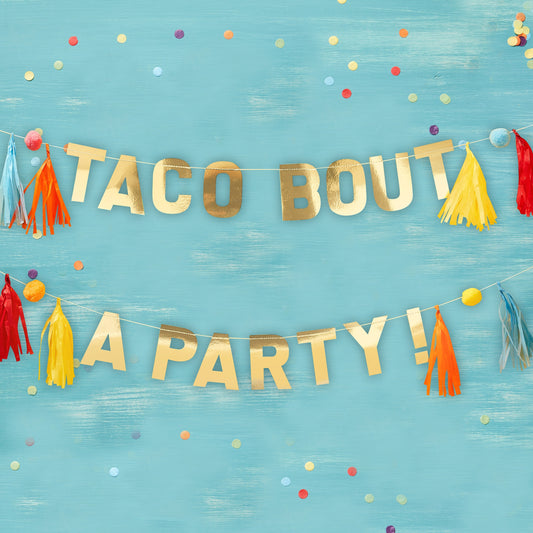 Gold Taco Party Pompom and Tassel Party Bunting  -  Viva la fiesta- 5 Inner Pack
