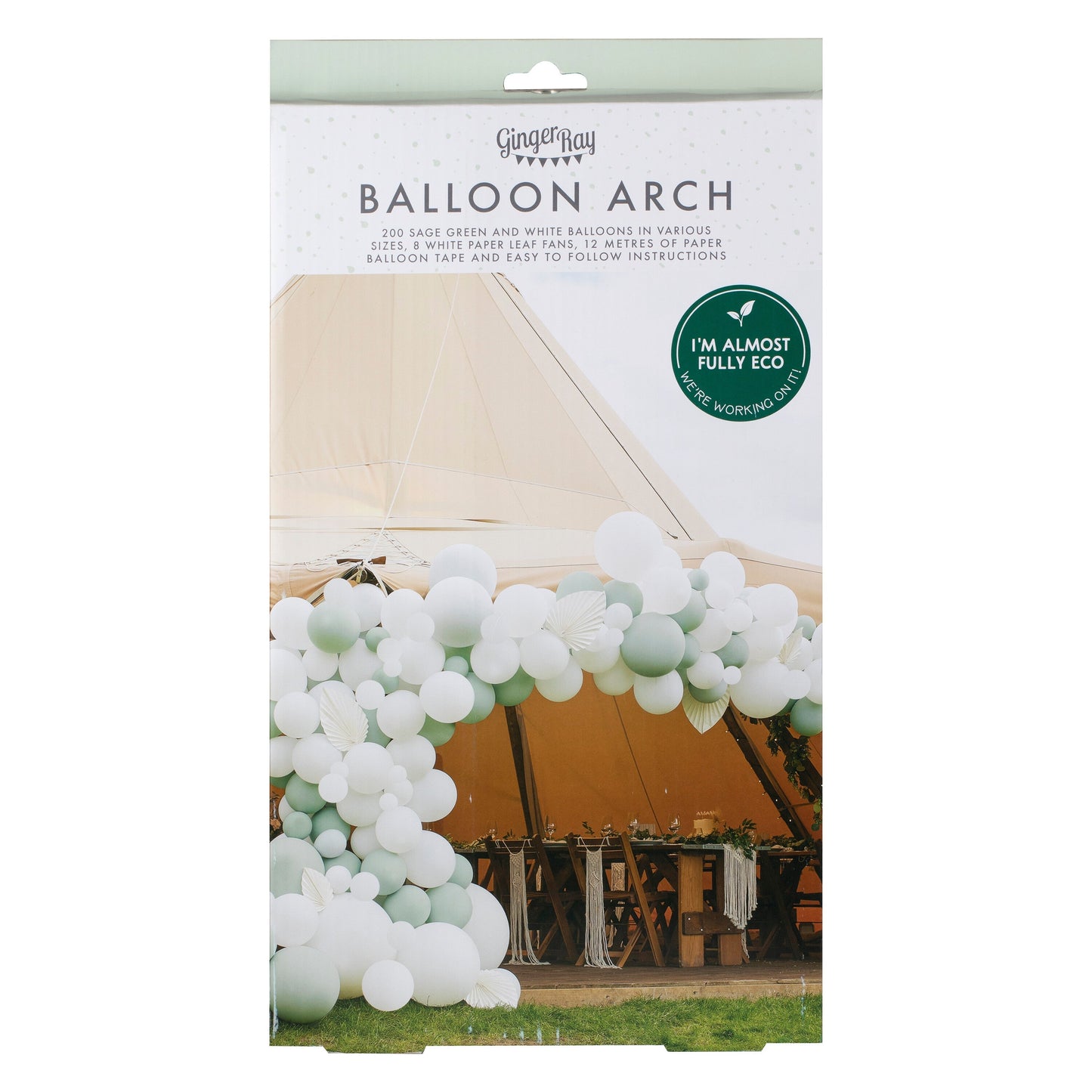 Luxe Sage & White Balloon Arch with White Fans- 5 Inner Pack