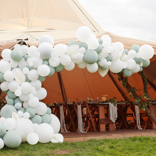 Luxe Sage & White Balloon Arch with White Fans- 5 Inner Pack