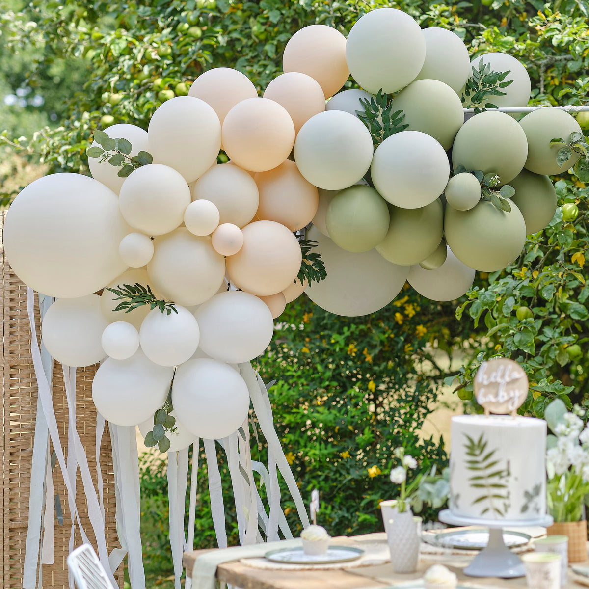 Taupe, Peach & Sage Balloon Arch with Eucalyptus, Sage Foliage and Streamers- 5 Inner Pack