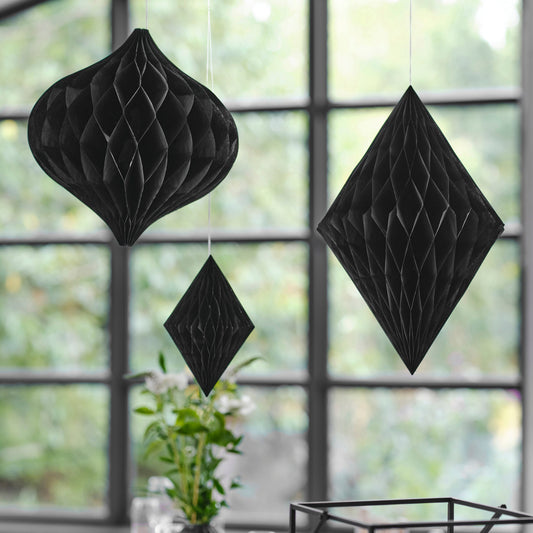 Black Honeycomb Paper Hanging Decorations- 5 Inner Pack