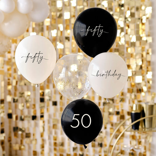 Black, Nude, Cream and Champagne Gold 50th Birthday Party Balloons- 5 Inner Pack