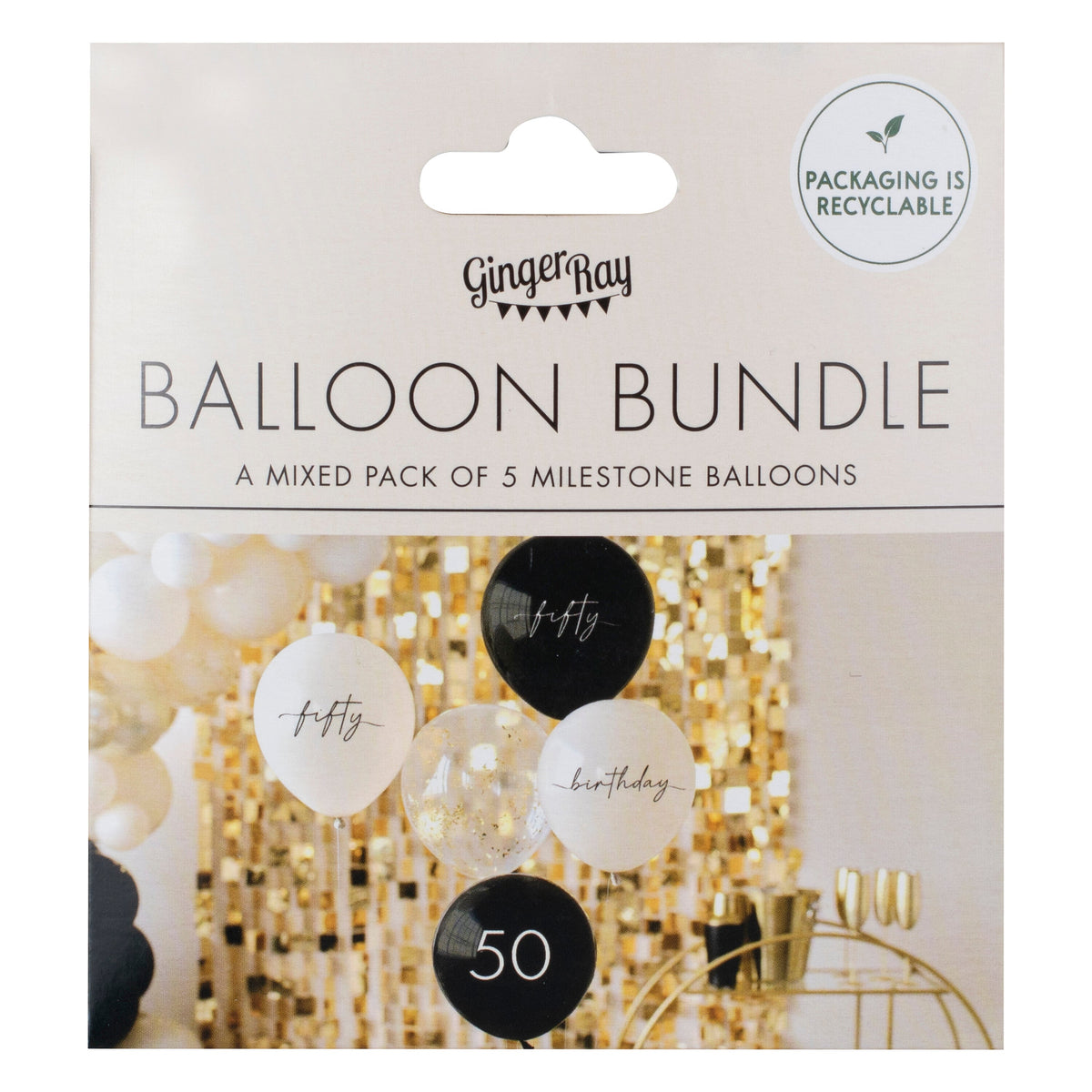 Black, Nude, Cream and Champagne Gold 50th Birthday Party Balloons- 5 Inner Pack