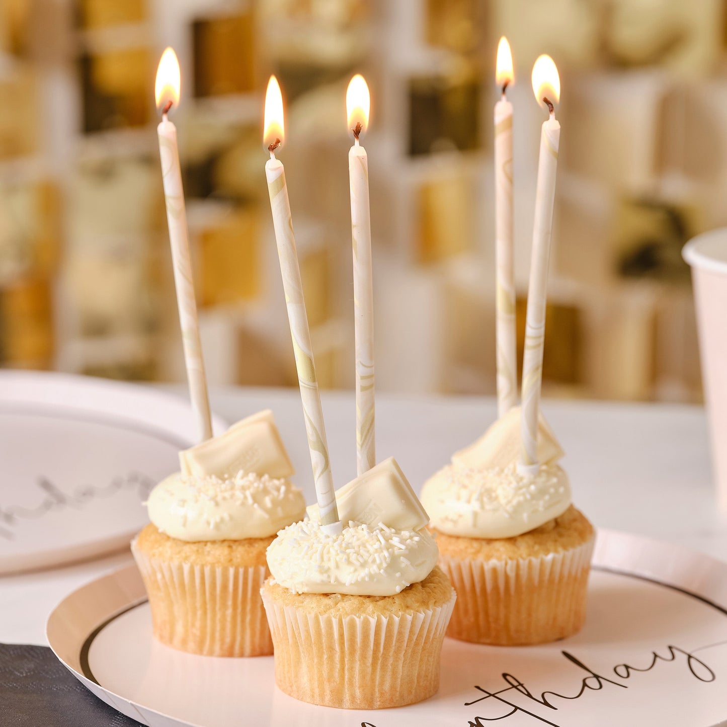 Nude and Champagne Gold Tall Marble Birthday Cake Candles- 5 Inner Pack