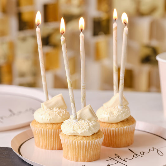 Nude and Champagne Gold Tall Marble Birthday Cake Candles- 5 Inner Pack