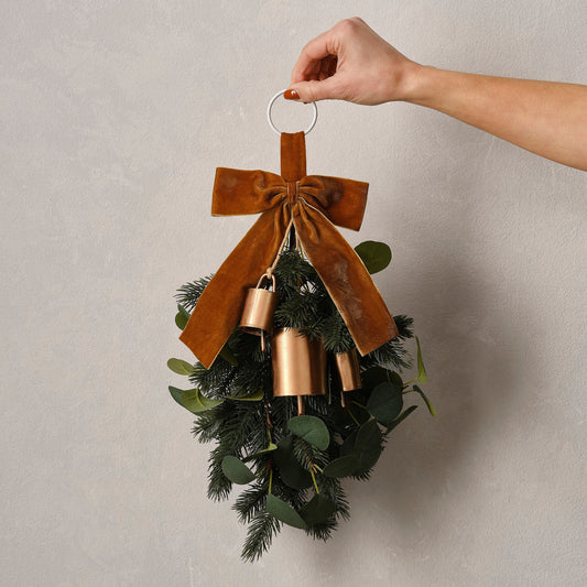 Foliage Christmas Door Swag with Velvet Ribbon & Bells- 5 Inner Pack