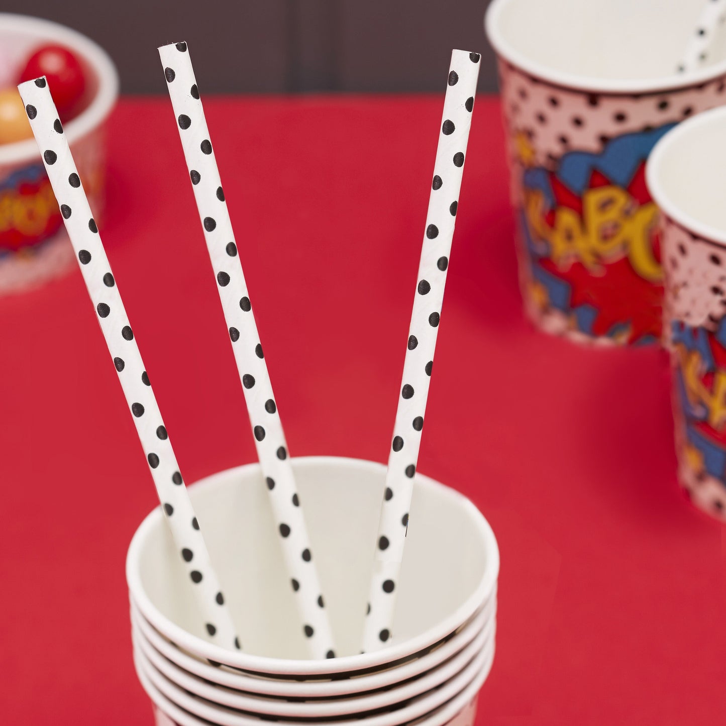 White and Black Polka Dot Comic Superhero Paper Straws- 10 Inner Pack