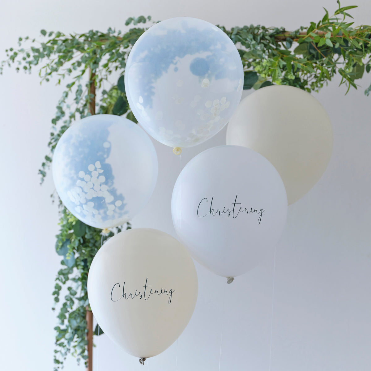 White, Nude and Confetti Christening Balloon Bundle- 5 Inner Pack