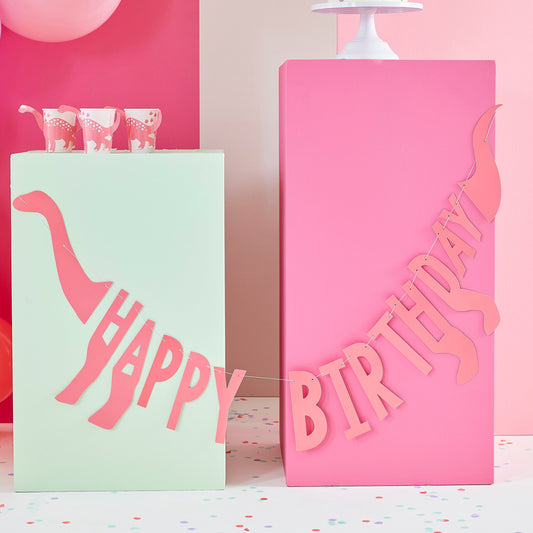 Pink Happy Birthday Dinosaur Shaped Bunting- 5 Inner Pack