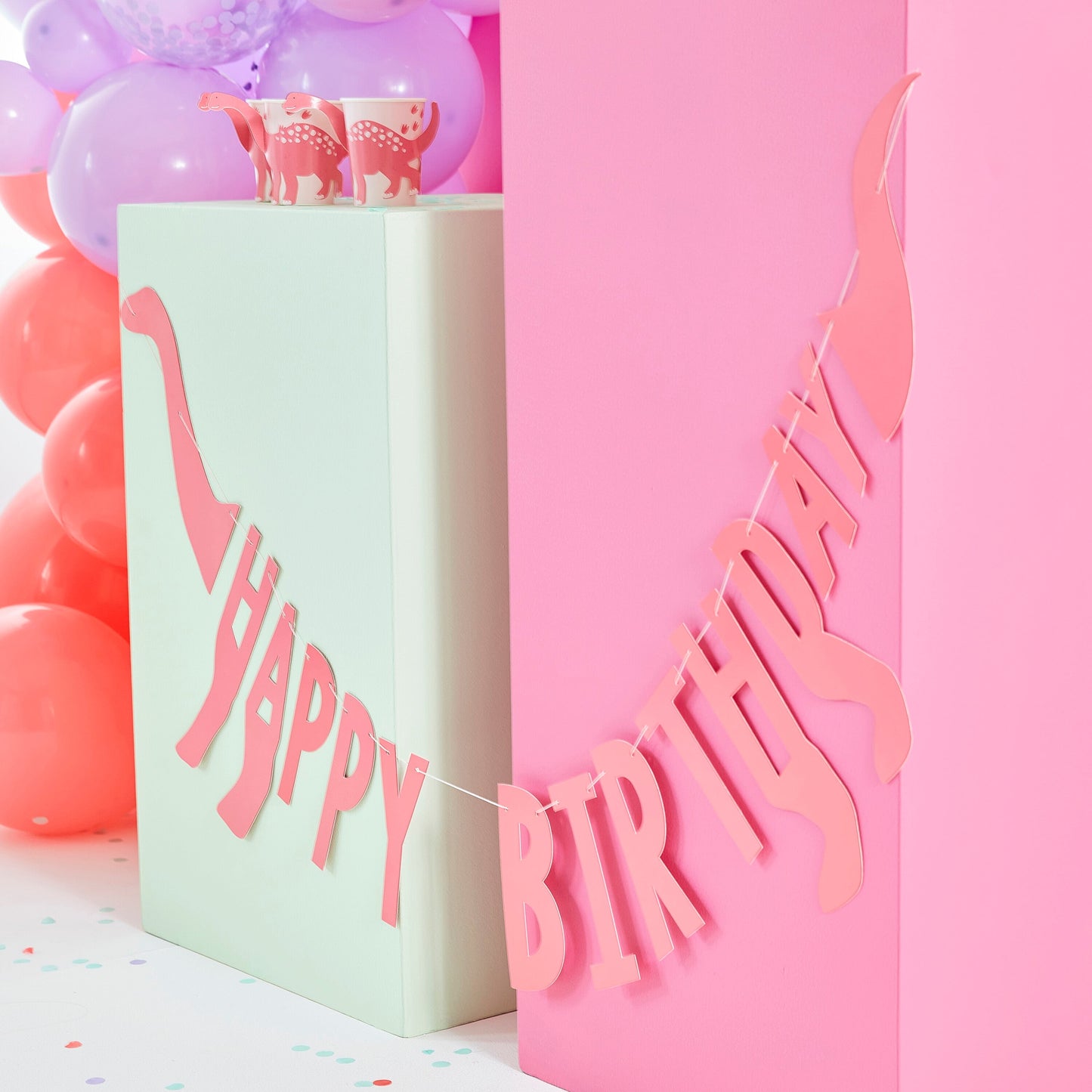 Pink Happy Birthday Dinosaur Shaped Bunting- 5 Inner Pack