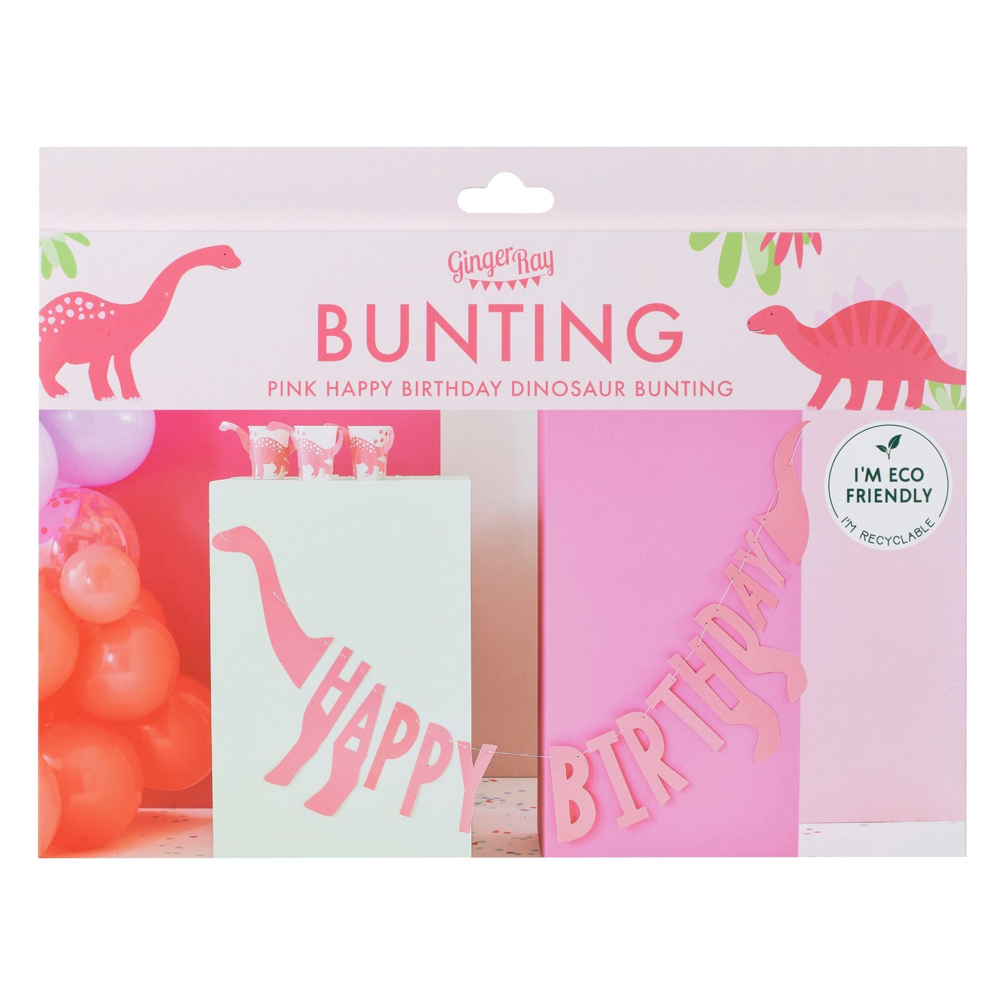 Pink Happy Birthday Dinosaur Shaped Bunting- 5 Inner Pack